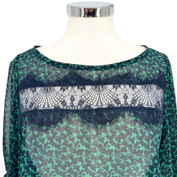 Lush Green Navy Sheer Lace Accent Blouse Half Sleeve Size Medium - Picture 2 of 11